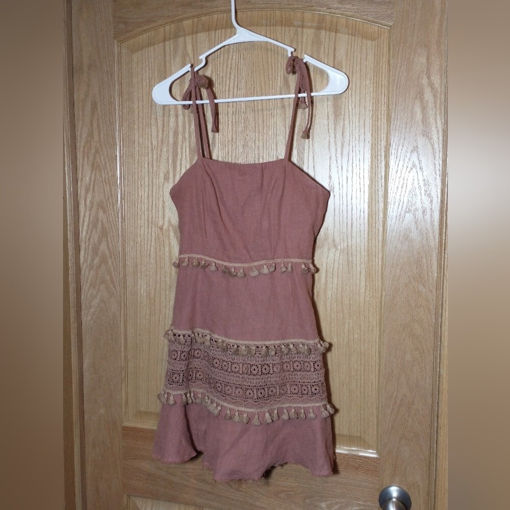 Angel Biba women's 8 tassel dress 100%cotton  tied straps adjustable zip back